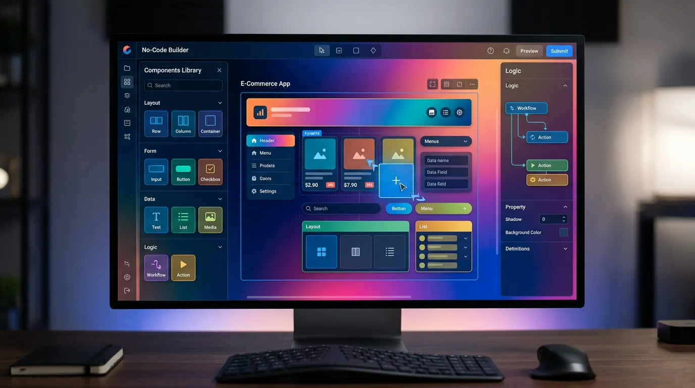 Abstract digital interface showing colorful drag-and-drop UI blocks on a glowing gradient background, representing no-code app building, clean modern aesthetic