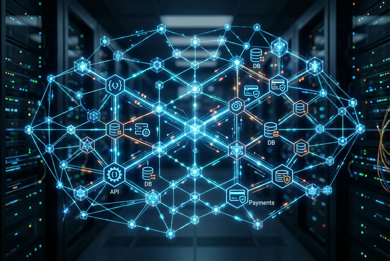 Digital network diagram showing interconnected nodes and integration icons representing API connections, database links, and payment gateways, modern tech visualization